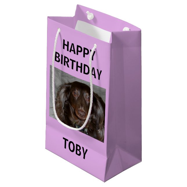 Pet Birthday Purple Photo Script Design Small Gift Bag (Front Angled)