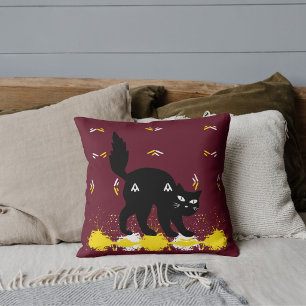 Pet Black Cat On Burgundy White Yellow Cute Modern Cushion