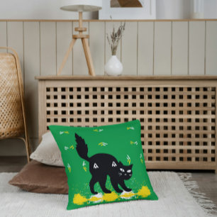 Pet Black Cat On Green White Yellow Cute Modern Cushion