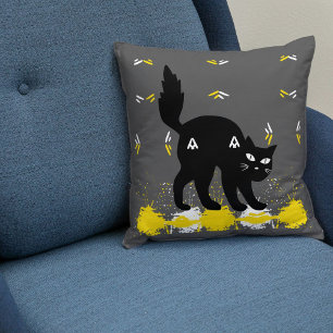 Pet Black Cat On Grey White Yellow Cute Modern Cushion