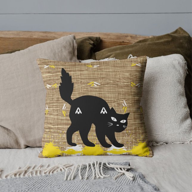 Pet Black Cat White Yellow Burlap Pattern Custom Cushion (Creator Uploaded)