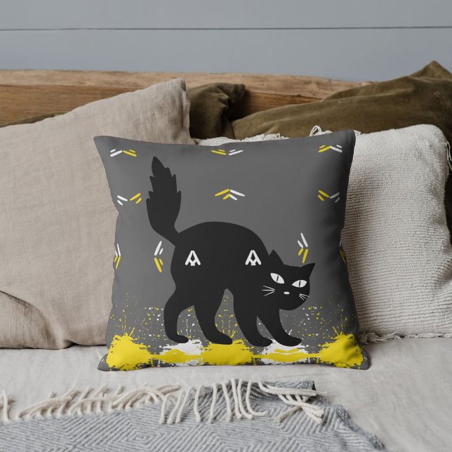 Pet Black Cat White Yellow Pattern Grey Customised Cushion (Creator Uploaded)