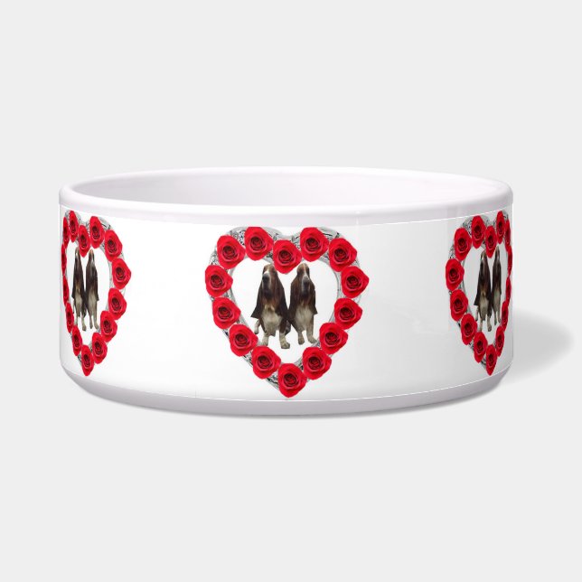 Pet Bowl Red Heart Roses With Basset Hounds (Front)