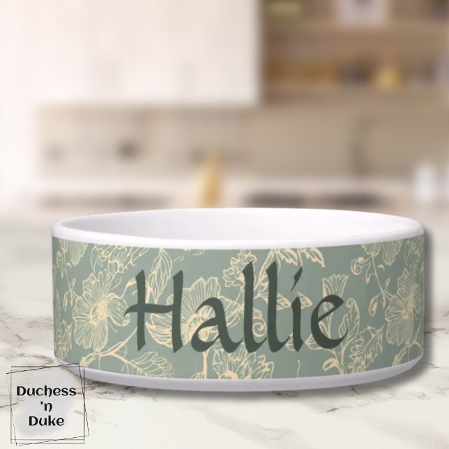 Pet Bowl - Sage Green Botanical, Personalized  (Personalized Sage Green Botanical Pet Bowl on marble table top)