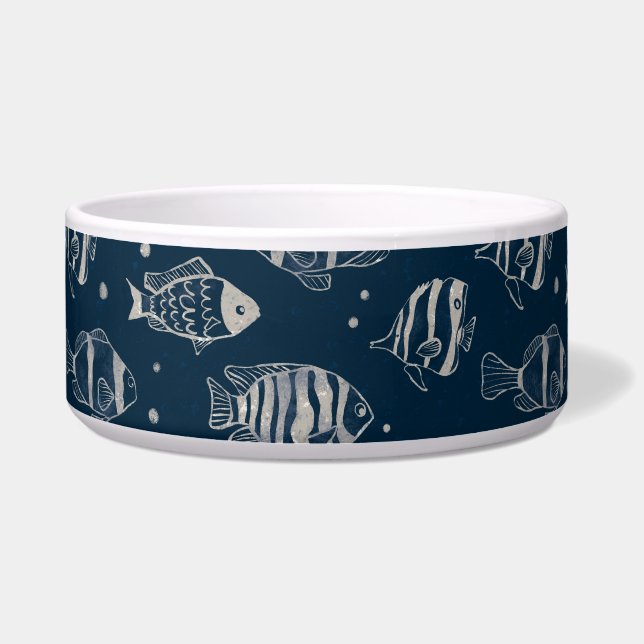 Pet Bowl with Cute Fish Sketch on Dark Blue . (Front)