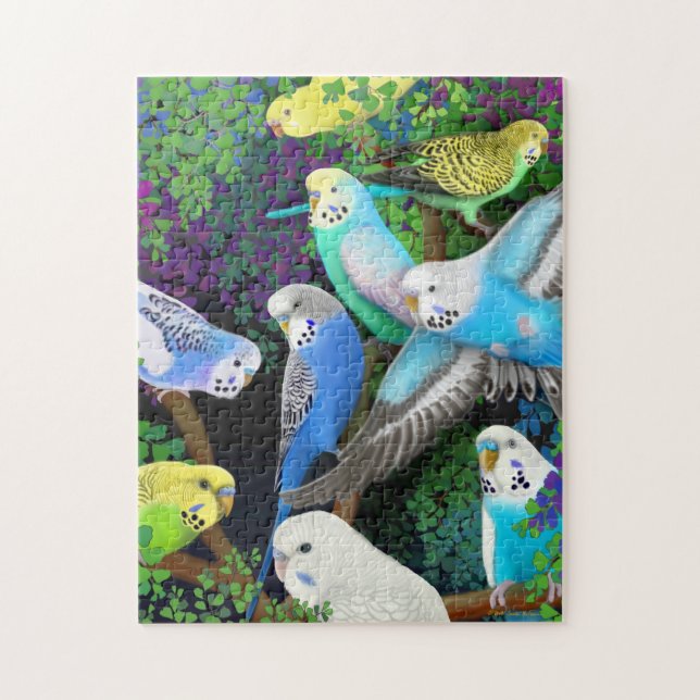 Pet Budgerigars in Ferns Puzzle (Vertical)