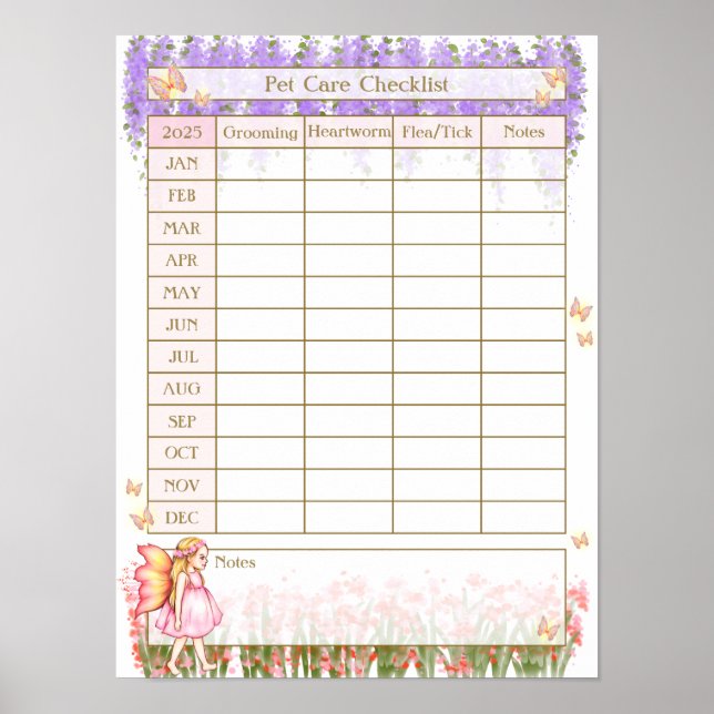 Pet Care Checklist Log Flower Fairy Girl in Garden Poster (Front)