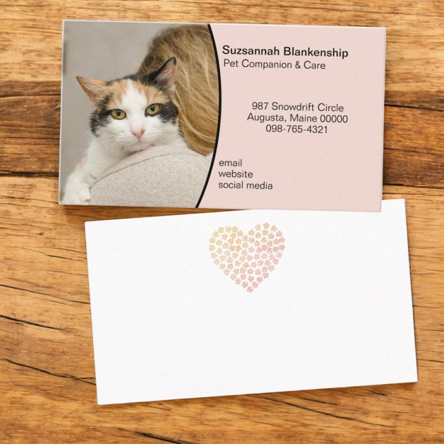 Pet Care Custom Photo Pastel Peach Background Business Card (front and back business card with custom photo)