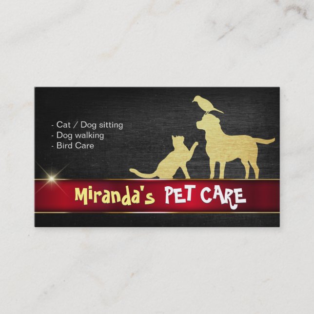 Pet Care Dog Cat Bird Silhouettes Red & Gold Metal Appointment Card (Front)