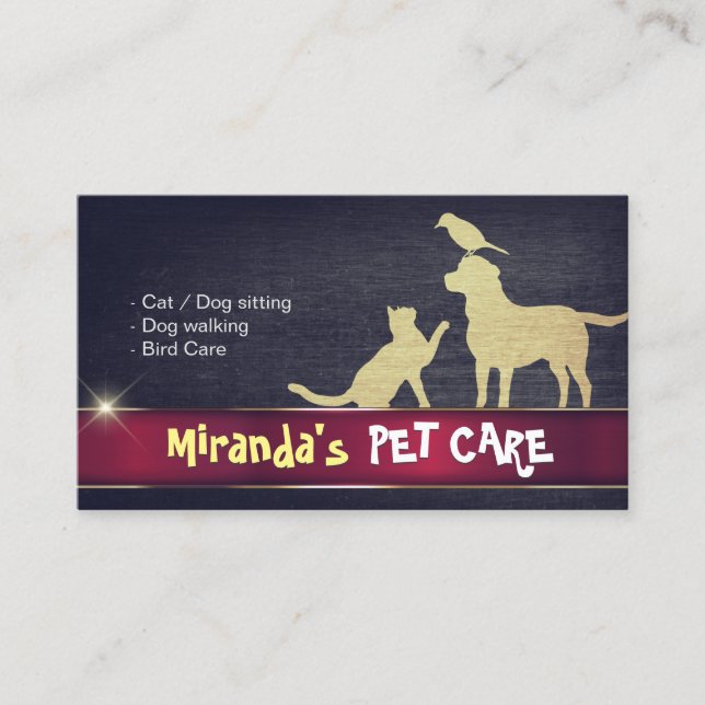 Pet Care Dogs Cats Birds Silhouettes Purple & Gold Appointment Card (Front)