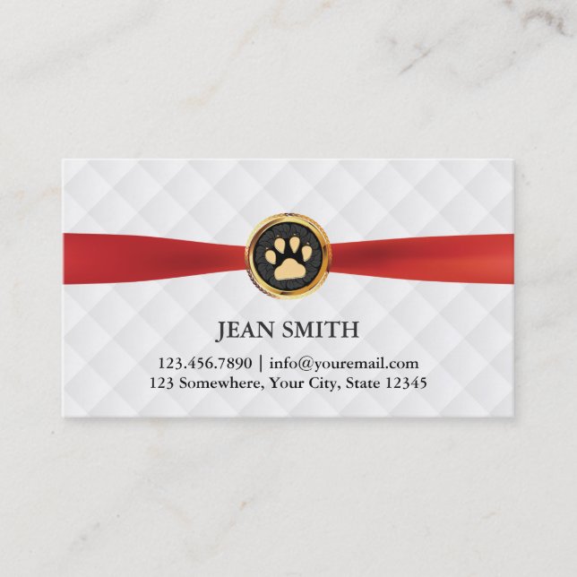 Pet Care Gold Paw Red Ribbon Elegant Business Card (Front)