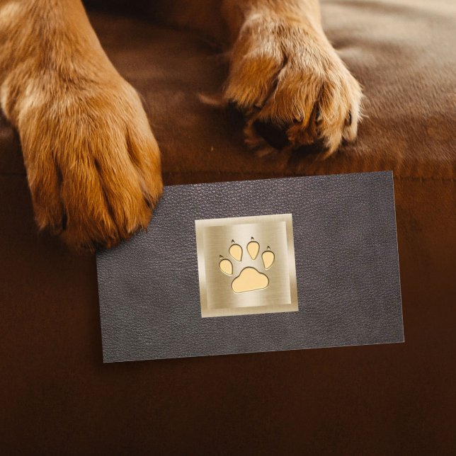 Pet Care Pet Sitting Gold Paw Logo Leather Business Card (Creator Uploaded)