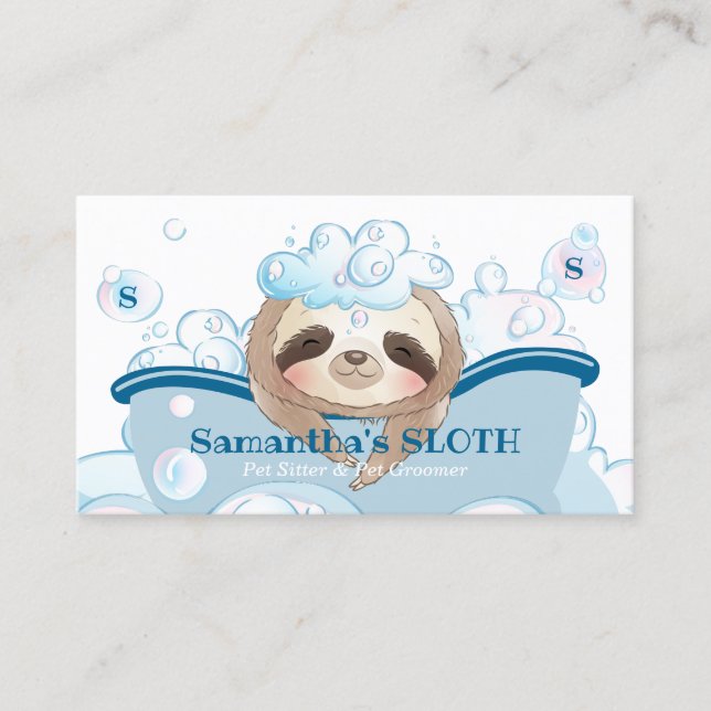Pet Care Spa Sitting Bathtub Dog Groomer Sloth Business Card (Front)