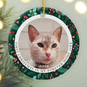 Pet Cat 2 Photo First Christmas Watercolor Floral Ceramic Ornament