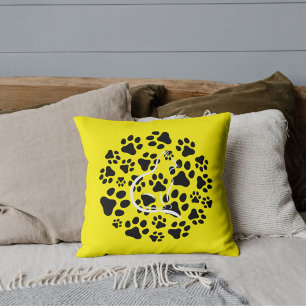 Pet Cat And Paws In Modern Cute Cool Black Yellow Cushion