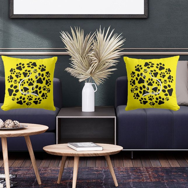 Pet Cat And Paws In Modern Cute Cool Black Yellow Cushion (Creator Uploaded)