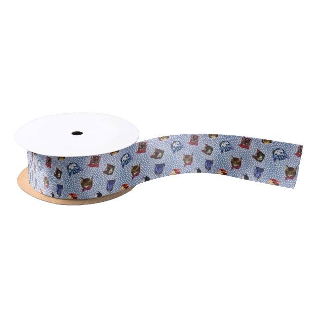 Pet Cat Blue Polka Dots Kitten Watercolor Satin Ribbon (Spool)