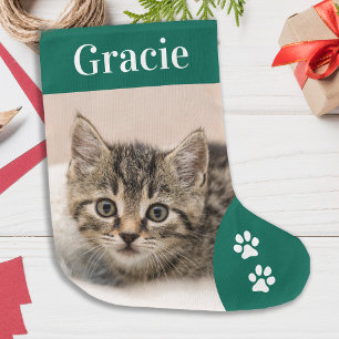 Pet Cat Custom Photo Holiday Green Personalised  Large Christmas Stocking