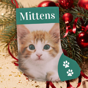 Pet Cat Custom Photo Holiday Green Personalised Small Christmas Stocking
