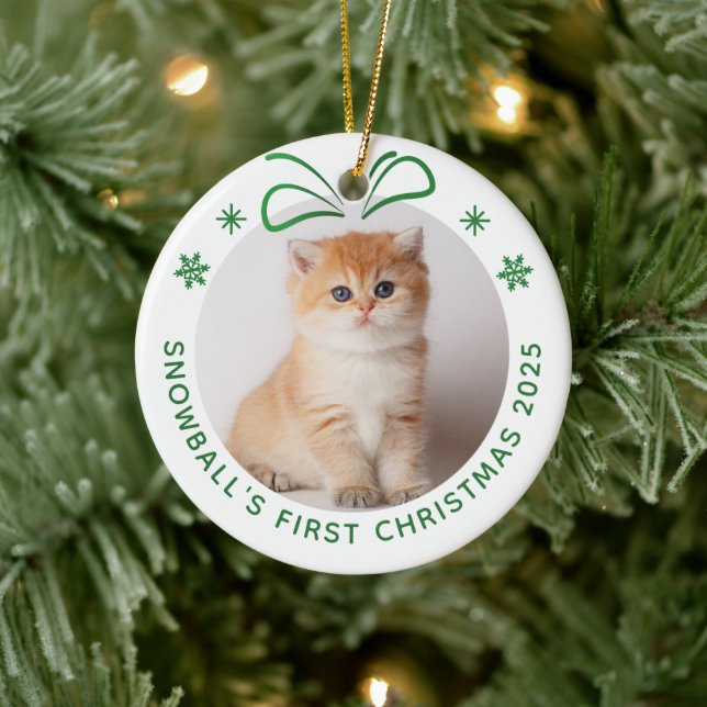 Pet Cat First Christmas Personalised Photo Holiday Ceramic Ornament (Tree)