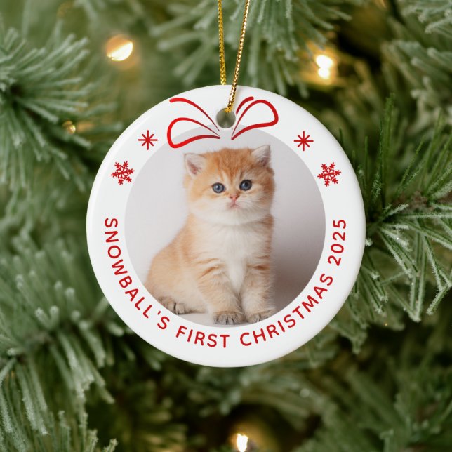 Pet Cat Kitty Christmas Personalised Photo Holiday Ceramic Ornament (Tree)