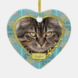 Pet Cat Memorial Blue Gold Heart Photo Christmas Ceramic Tree Decoration