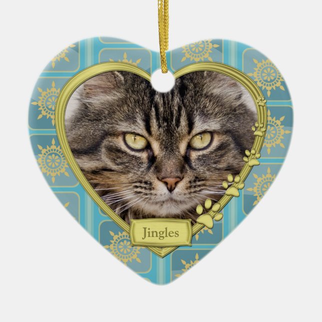 Pet Cat Memorial Blue Gold Heart Photo Christmas Ceramic Tree Decoration (Front)