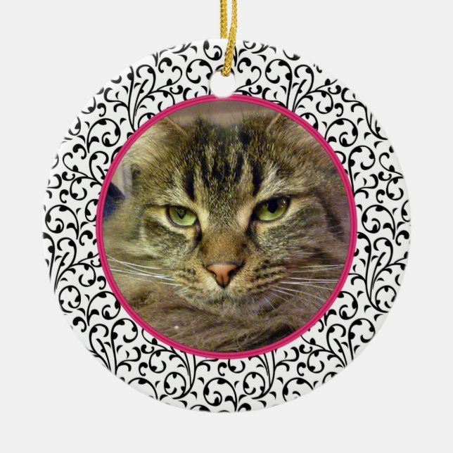Pet Cat Memorial Chic Floral Photo Christmas Ceramic Tree Decoration (Front)