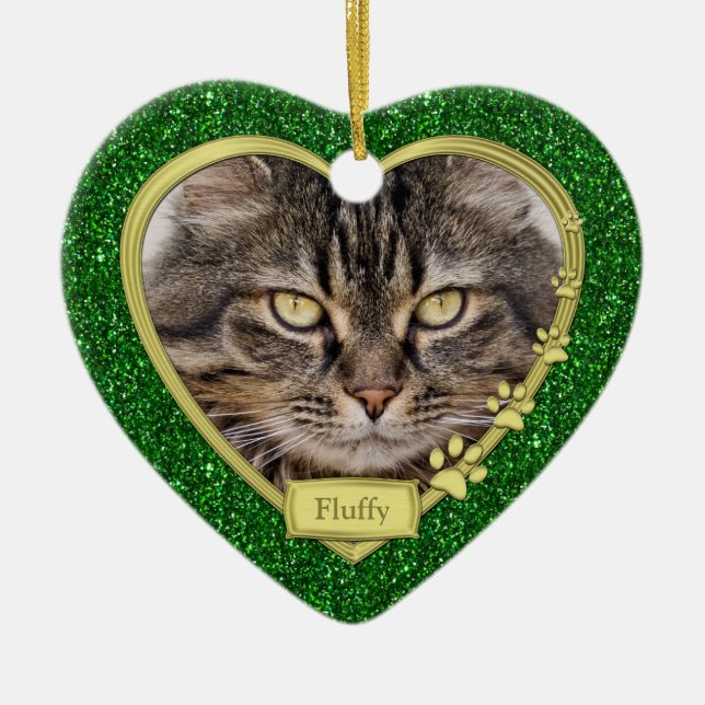 Pet Cat Memorial Green Gold Heart Photo Christmas Ceramic Tree Decoration (Front)