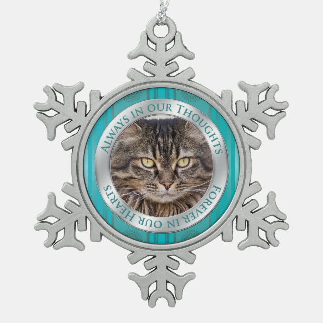 Pet Cat Memorial Photo Christmas Teal Silver Snowflake Pewter Christmas Ornament (Front)