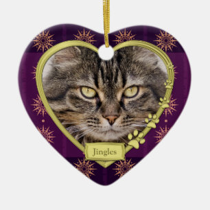 Pet Cat Memorial Purple Gold Heart Photo Christmas Ceramic Ornament