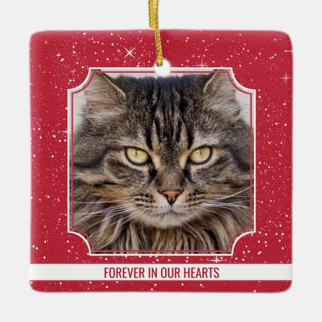 Pet Cat Memorial Red Snow Photo Christmas Ceramic Ornament (Front)