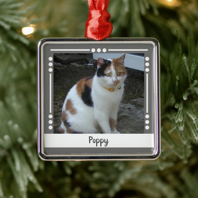Pet Cat name Photo Holiday grey white Metal Ornament (Tree)