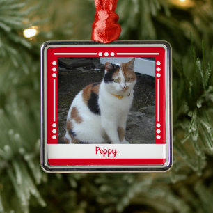 Pet Cat name Photo Holiday red white Metal Ornament