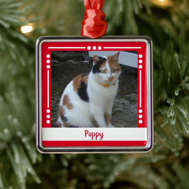 Pet Cat name Photo Holiday red white Metal Ornament (Tree)
