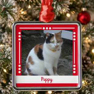 Pet Cat name Photo Holiday red white Metal Ornament