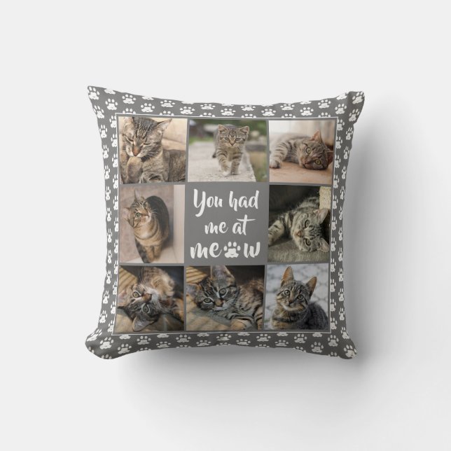 Pet Cat Photo Collage Paw Print Pattern Grey Cushion (Front)
