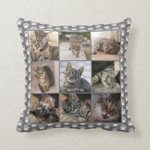 Pet Cat Photo Collage Paw Print Pattern Grey Name Cushion