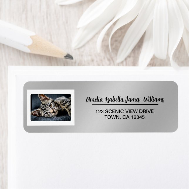 Pet Cat Photo Elegant Modern Return Address Silver Label (Insitu)