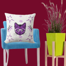 Pet Cat Purple White And Black Modern Throw Pillow