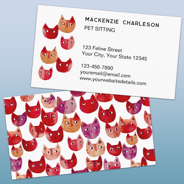 Pet Cat Sitter Fun Business Card (Fun watercolor kitty cat pet sitting custom business cards)