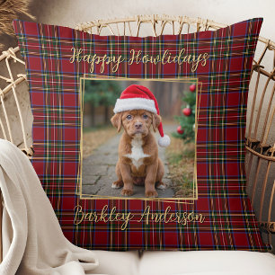 Pet Christmas Plaid Gold Personalised 2 Dog Photo Cushion