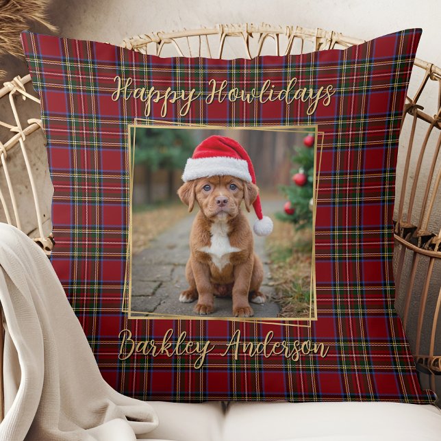 Pet Christmas Plaid Gold Personalised 2 Dog Photo Cushion (Creator Uploaded)
