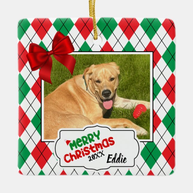 Pet Christmas Tree Ornament - Argyle and bows. (Front)