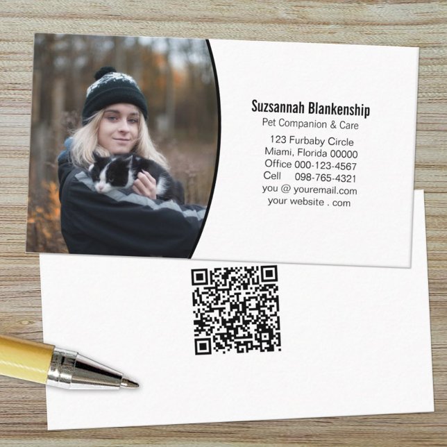 Pet Companion Black White Custom Photo QR Code Business Card (Creator Uploaded)
