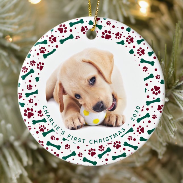Pet Custom 2 Dog Photo Paw Prints Bones Christmas Ceramic Ornament (Creator Uploaded)