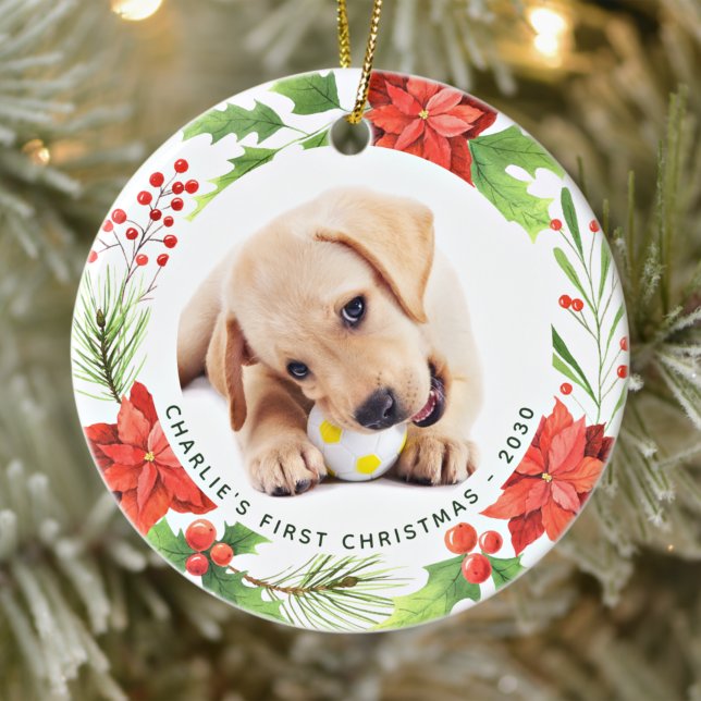 Pet Custom 2 Dog Photo Poinsettia Wreath Christmas Ceramic Ornament (Creator Uploaded)