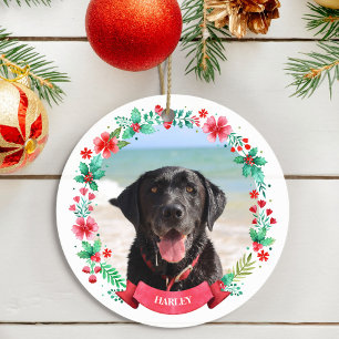 Pet Dog 2 Photo Christmas Wreath Ceramic Ornament