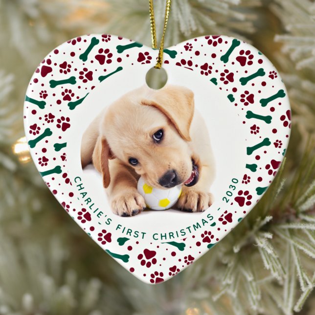 Pet Dog 2 Photo Paw Prints Personalised Christmas Ceramic Ornament (Creator Uploaded)