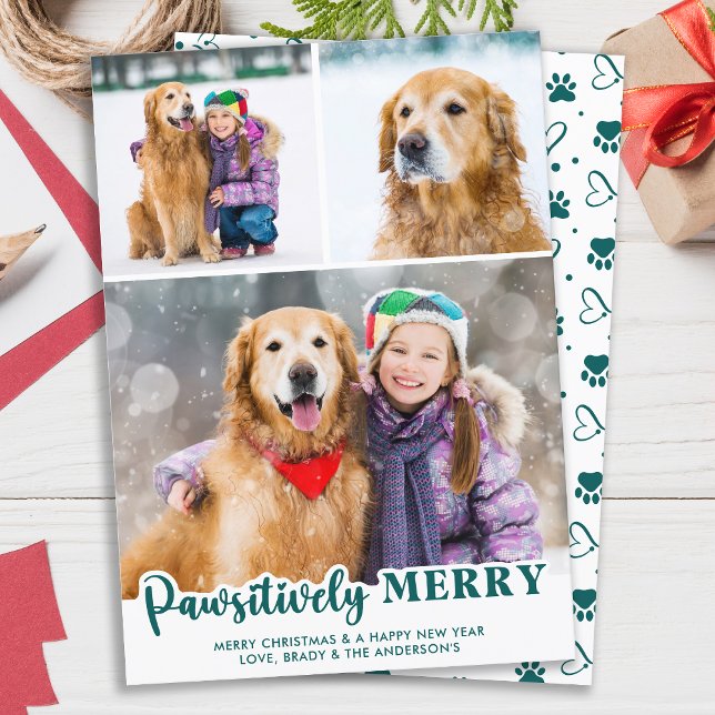 Pet Dog 3 Photos Personalzied Pawsitively Merry Holiday Card (Creator Uploaded)